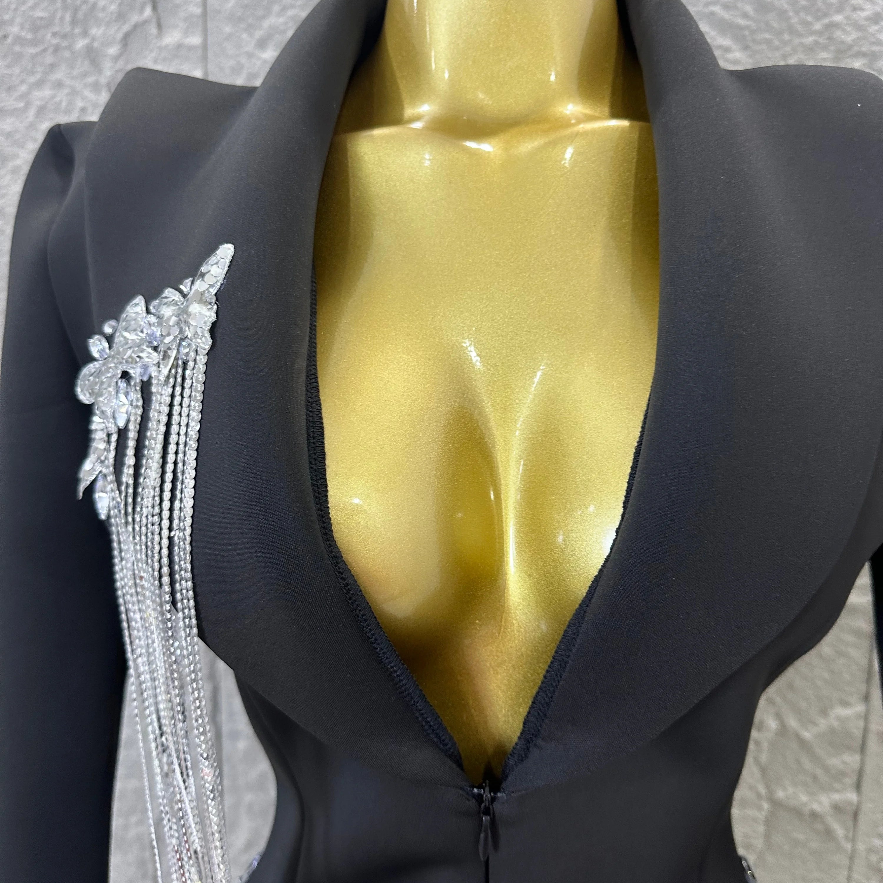 Luxury Black Blazer Mini Dress Deep V Neck Silver Crystal Beaded Butterfly Long Tassel Formal Evening Cocktail Gala Party Gown