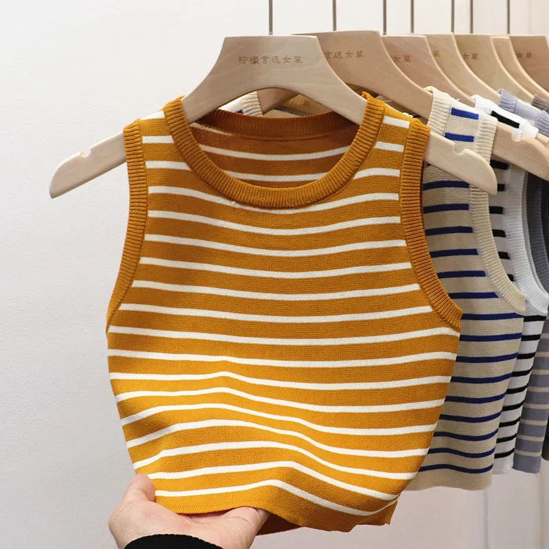 Summer Spring Striped Tank Tops Women Sleeveless Knitted T-Shirts Crop Tops Female Elastic Slim Casual Vests Pullover Camis yellow One Size