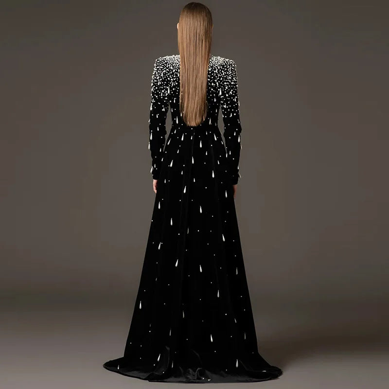 Slimming Luxurious Dresses for Women Round Neck Long Sleeves Patchwork Bead Temperament Dress Female Clothing New