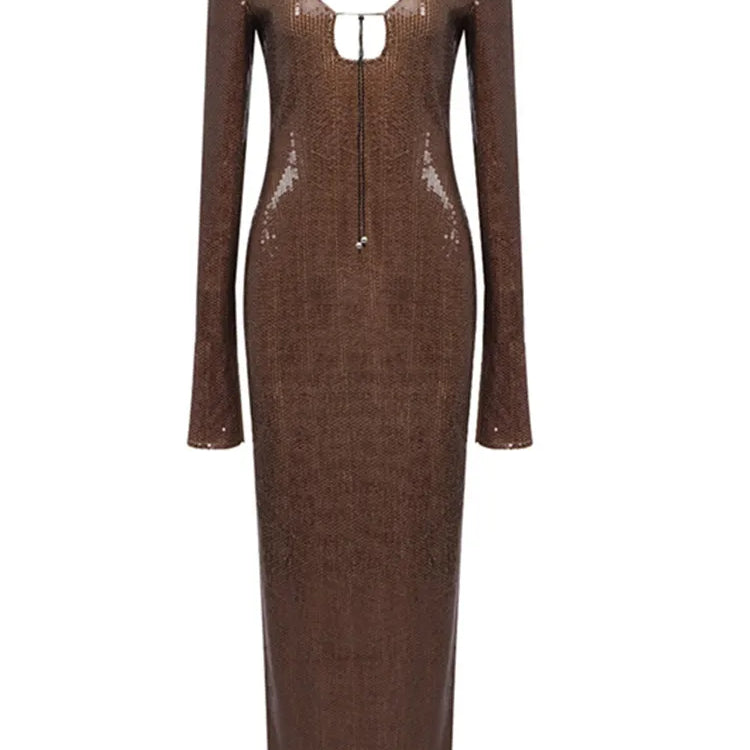 est Women Celebrity Sexy Long Sleeve Brown Mesh Sequins Long Gowns Dress Elegant Evening Party Club Dress Vestido
