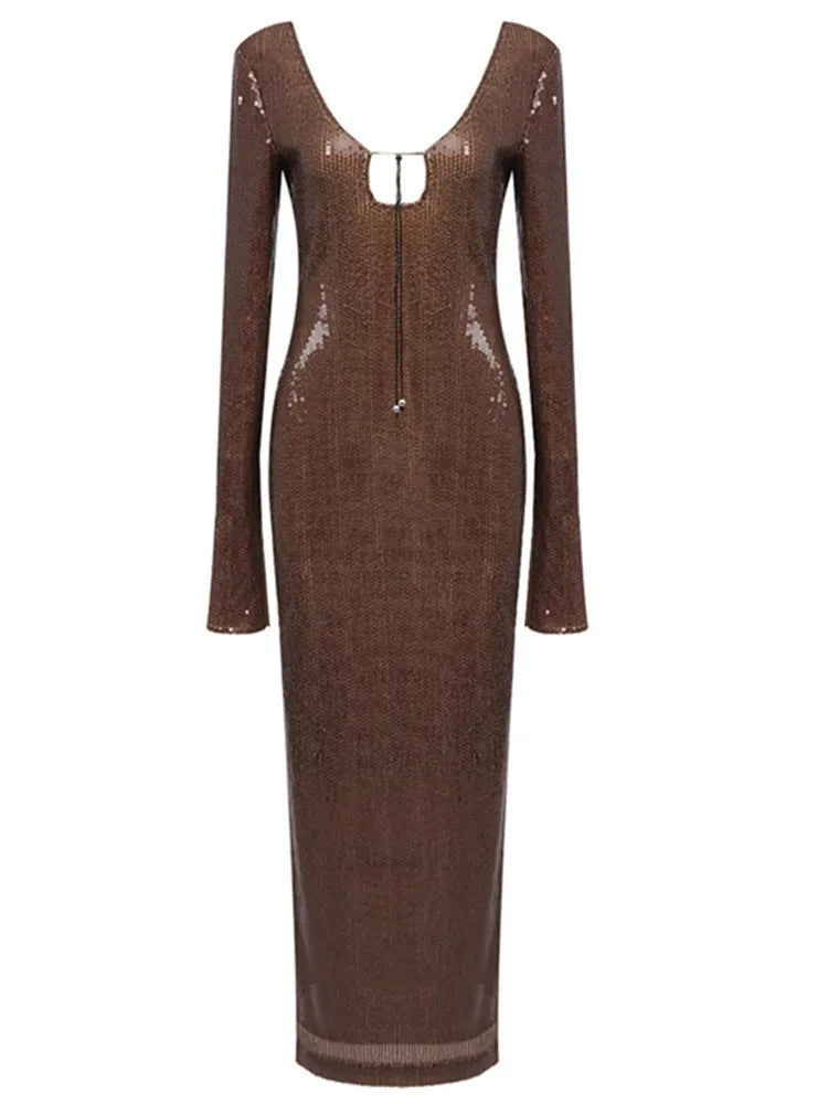 est Women Celebrity Sexy Long Sleeve Brown Mesh Sequins Long Gowns Dress Elegant Evening Party Club Dress Vestido