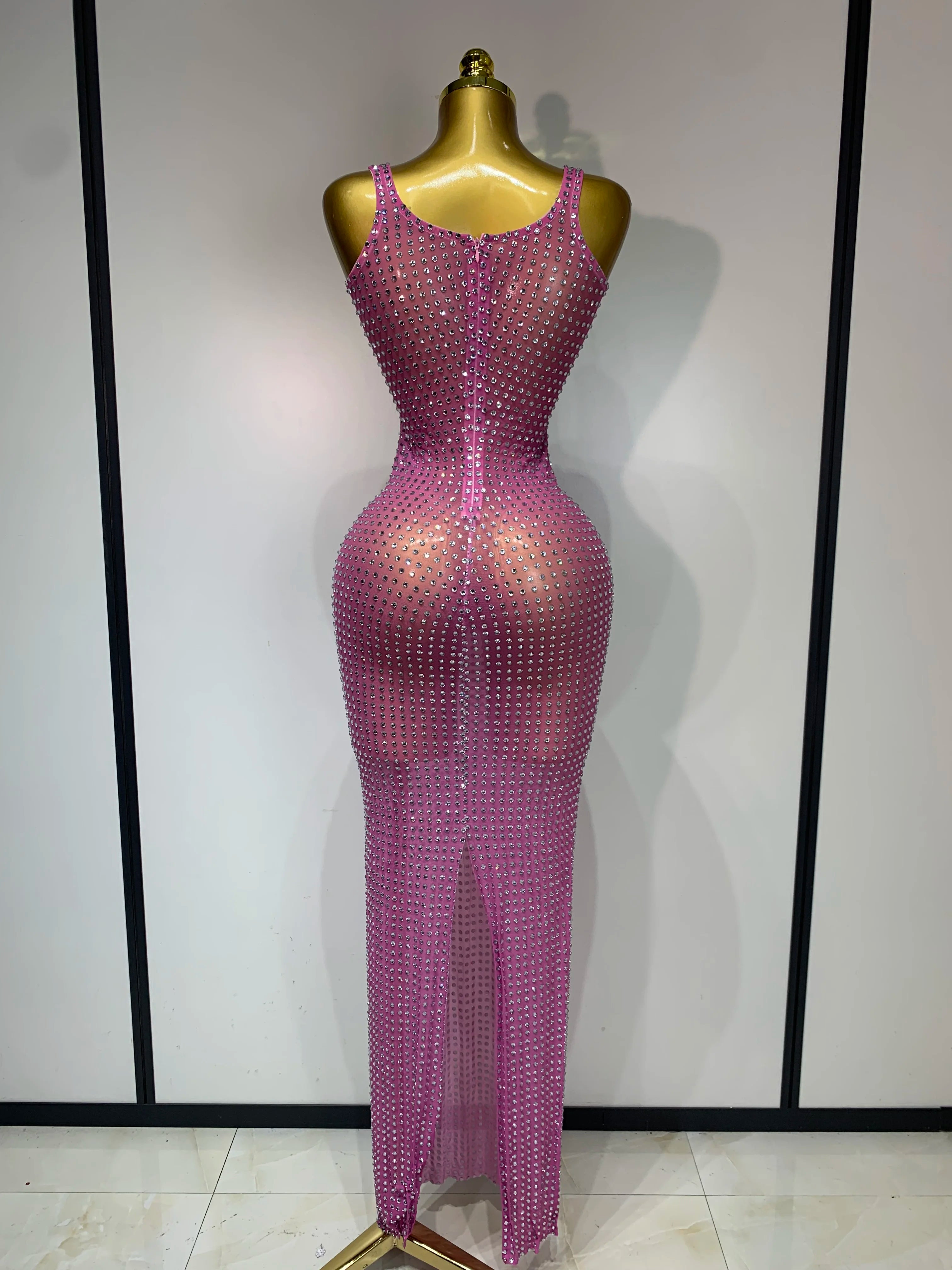 Women Sexy Mesh See Through Rhinestone Pink Long Maxi Dress Birthday Evening Party Costume Singer Stage Performance Costume