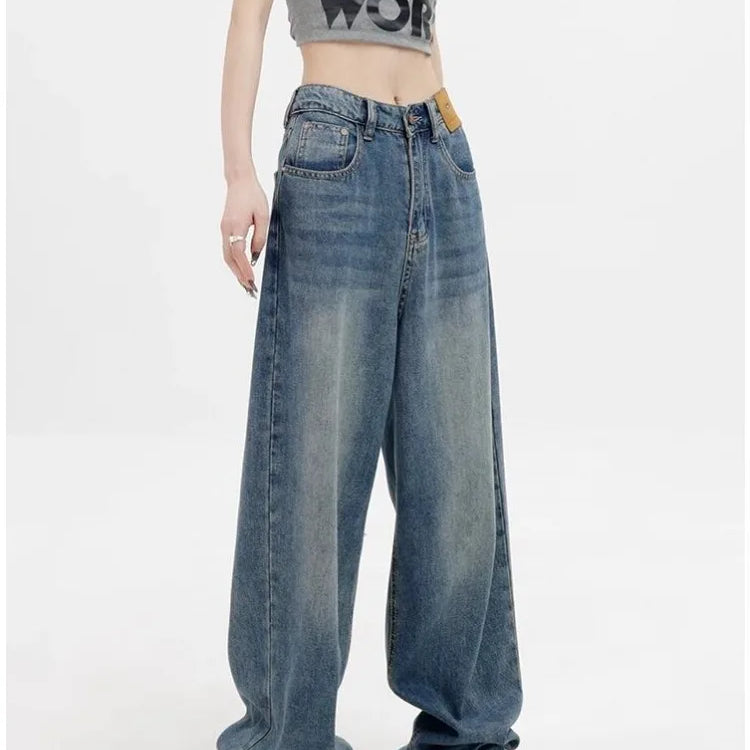 Women Retro Aesthetic Wide Leg Baggy Casual Denim Trouser Harajuku Blue High Waist Loose Jeans Spring Fashion Pants