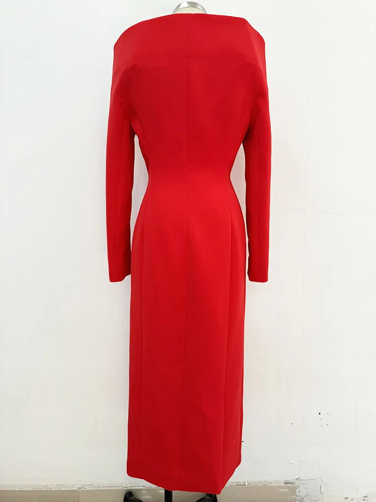 Black Red Color Women Long Sleeve Sexy Off the Shoulder Bodycon Mid-calf Evening Party Dress Celebrity Red Carpet Outfit