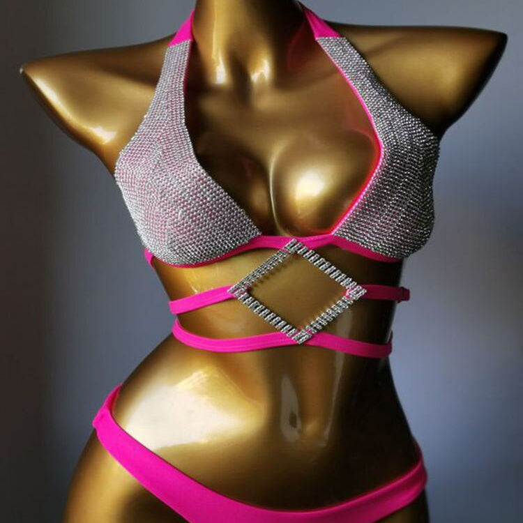 Swimwear Bikini Sets Swimsuit 2024 Summer Beach Shiny Crystal Rhinestone Padded Push Up Bikinis Set Outfits For Women Rose Red 2