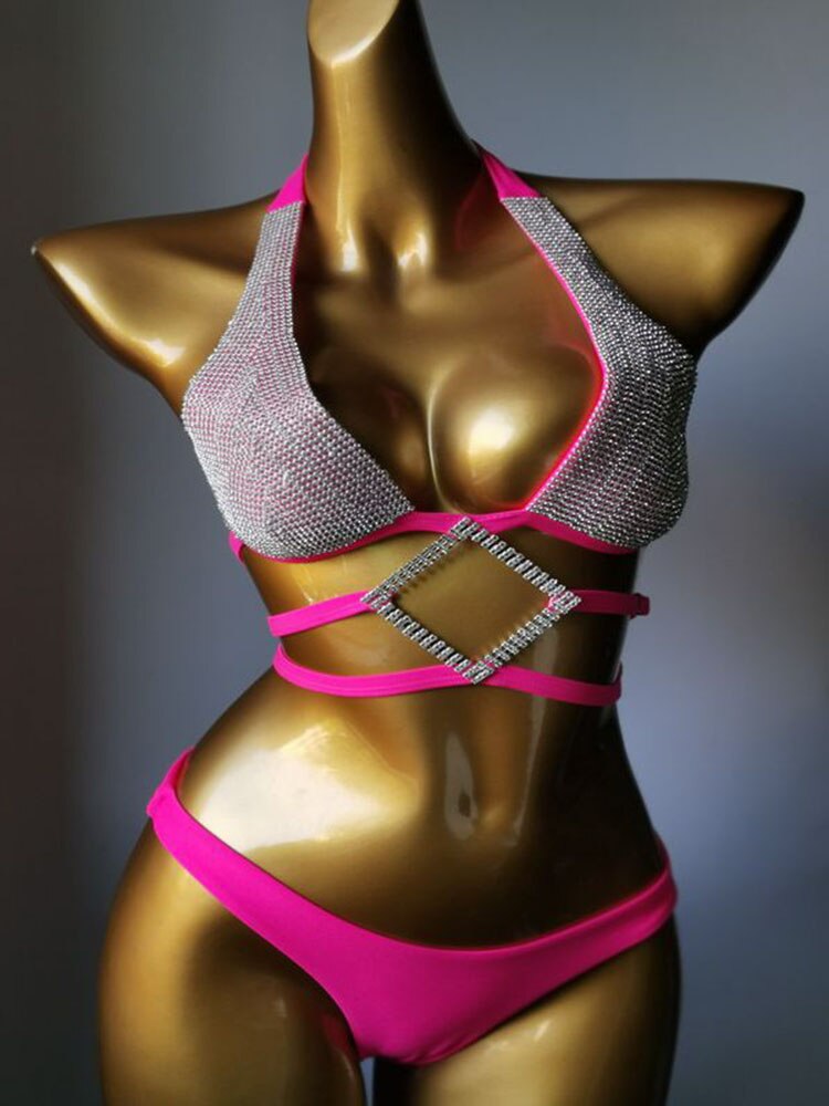 Swimwear Bikini Sets Swimsuit 2024 Summer Beach Shiny Crystal Rhinestone Padded Push Up Bikinis Set Outfits For Women Rose Red 2