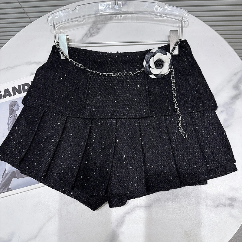 Winter New Fashion Waist Chain Tweed Pleated Skirt For Women Versatile Black Short Skirts Female Trend 11A07861