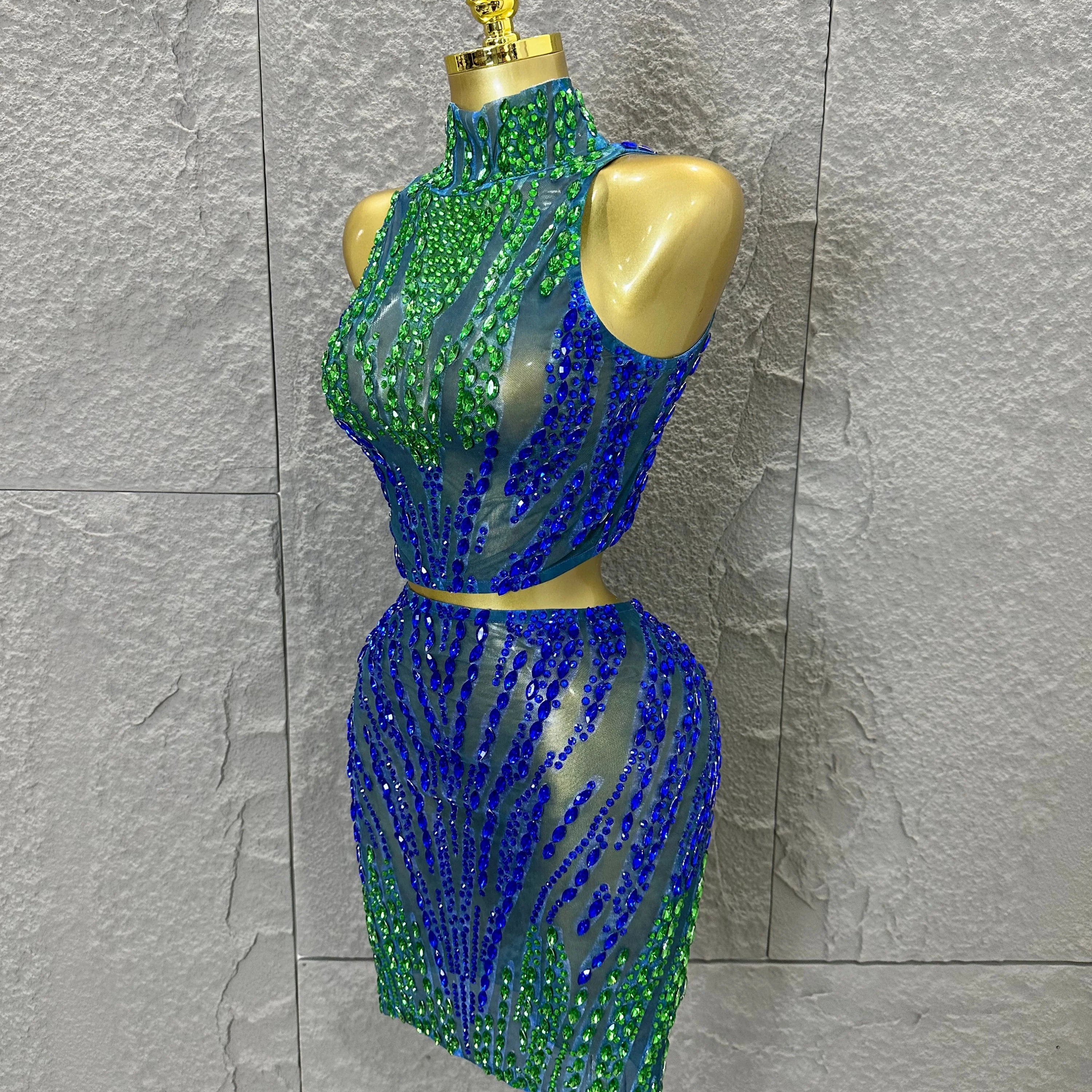 Sexy Blue Green High Neck Two Piece Set Women Sheer Mesh Full Crystal Crop Top Mini Skirt Outfit Formal Event Party Costume