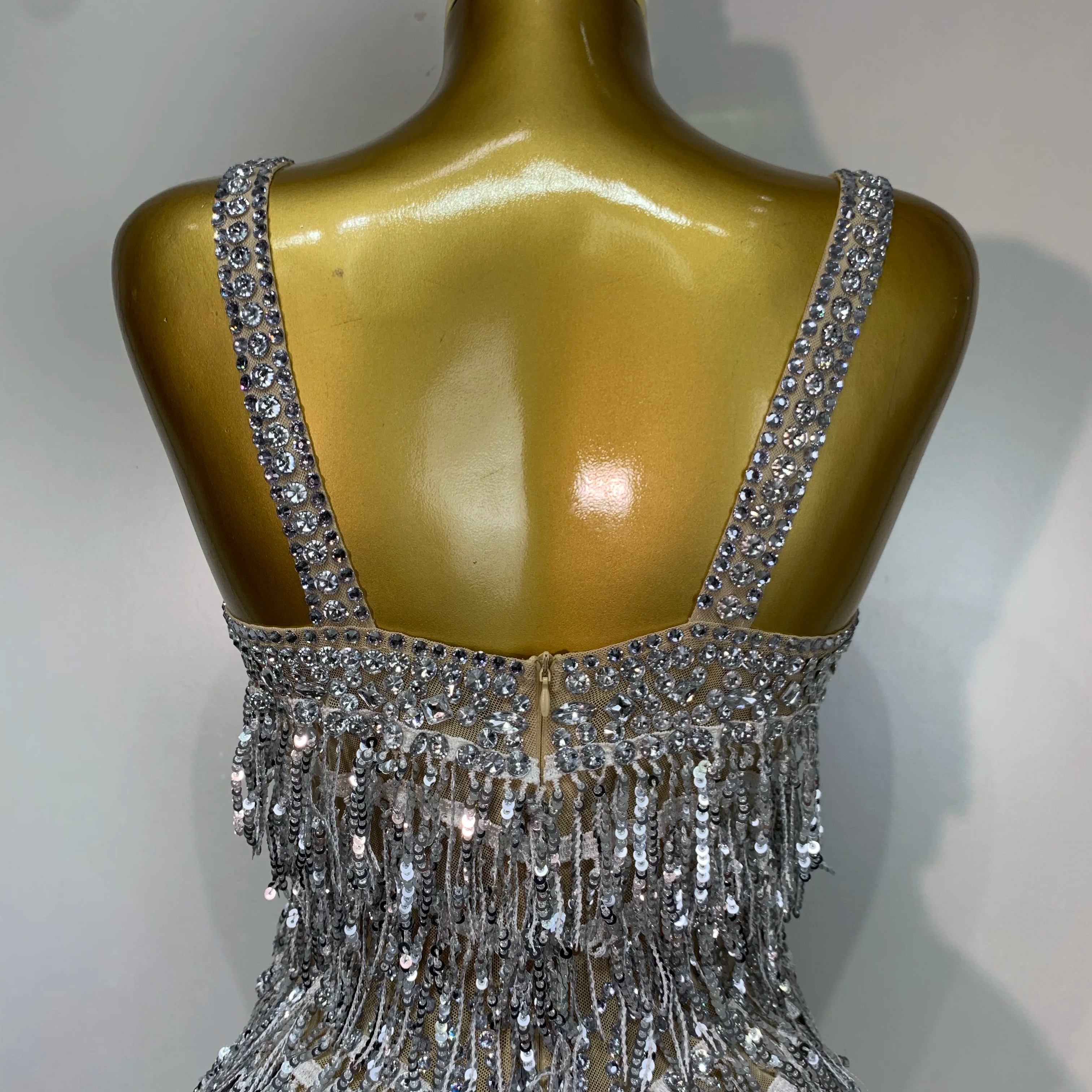 Sparkly Rhinestone Tassel Sexy Backless Mesh Bodysuit Women Luxury Birthday Party Nightclub Bar Dencer Stage performance Costume