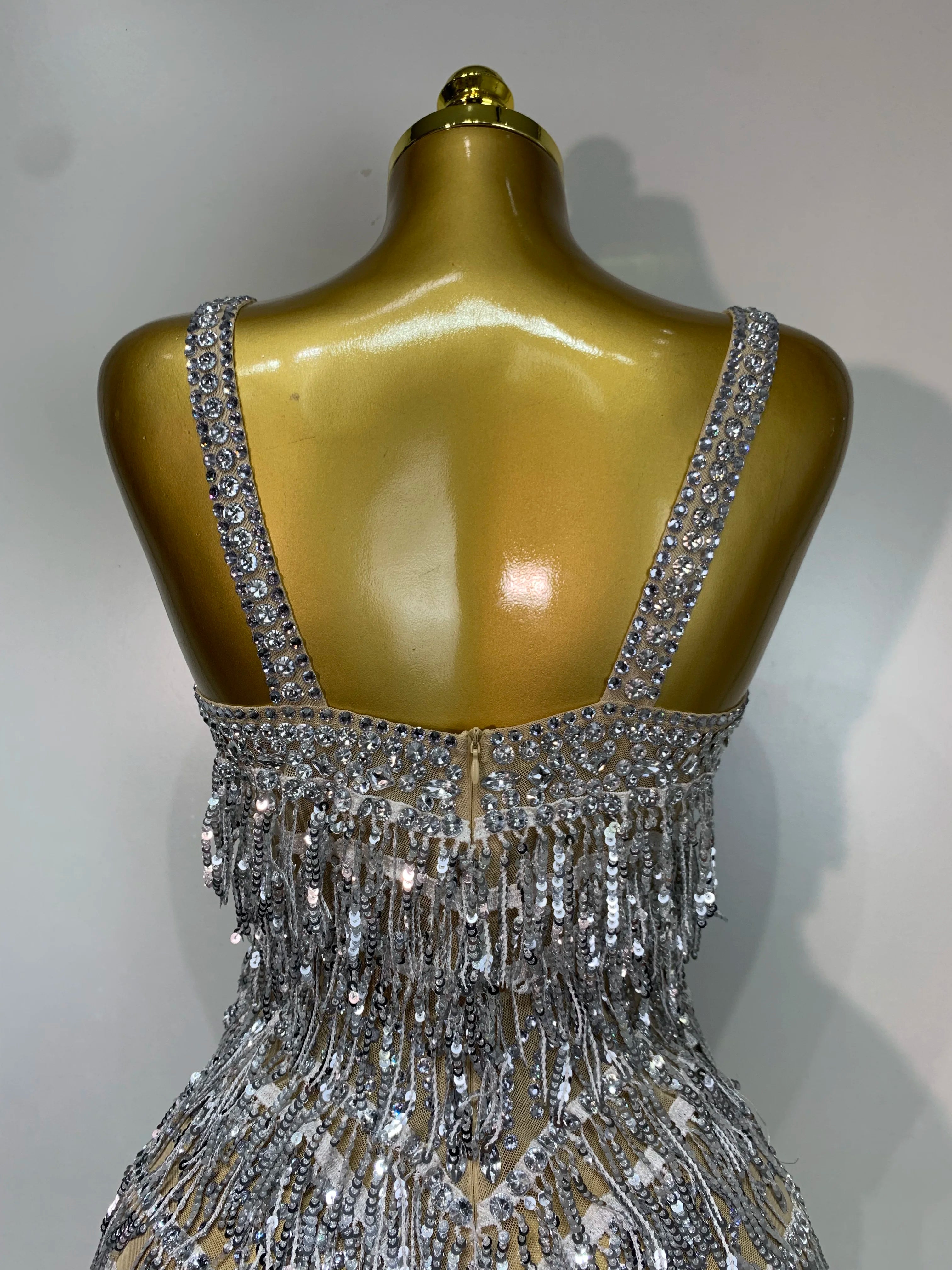 Sparkly Rhinestone Tassel Sexy Backless Mesh Bodysuit Women Luxury Birthday Party Nightclub Bar Dencer Stage performance Costume