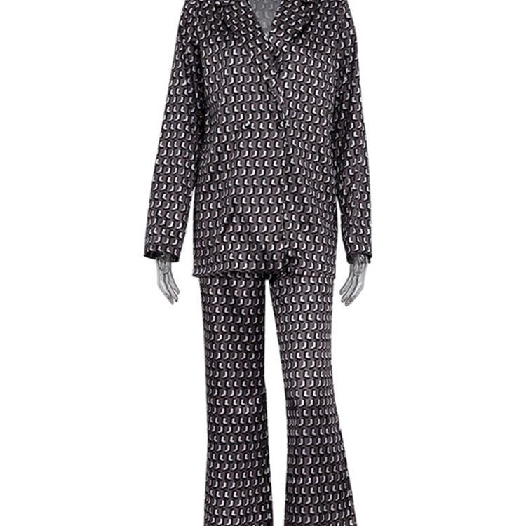 Autumn Winter Women Office Satin Suit Sets Printed V-neck Long Sleeve 2 Piece Pant Matching Set