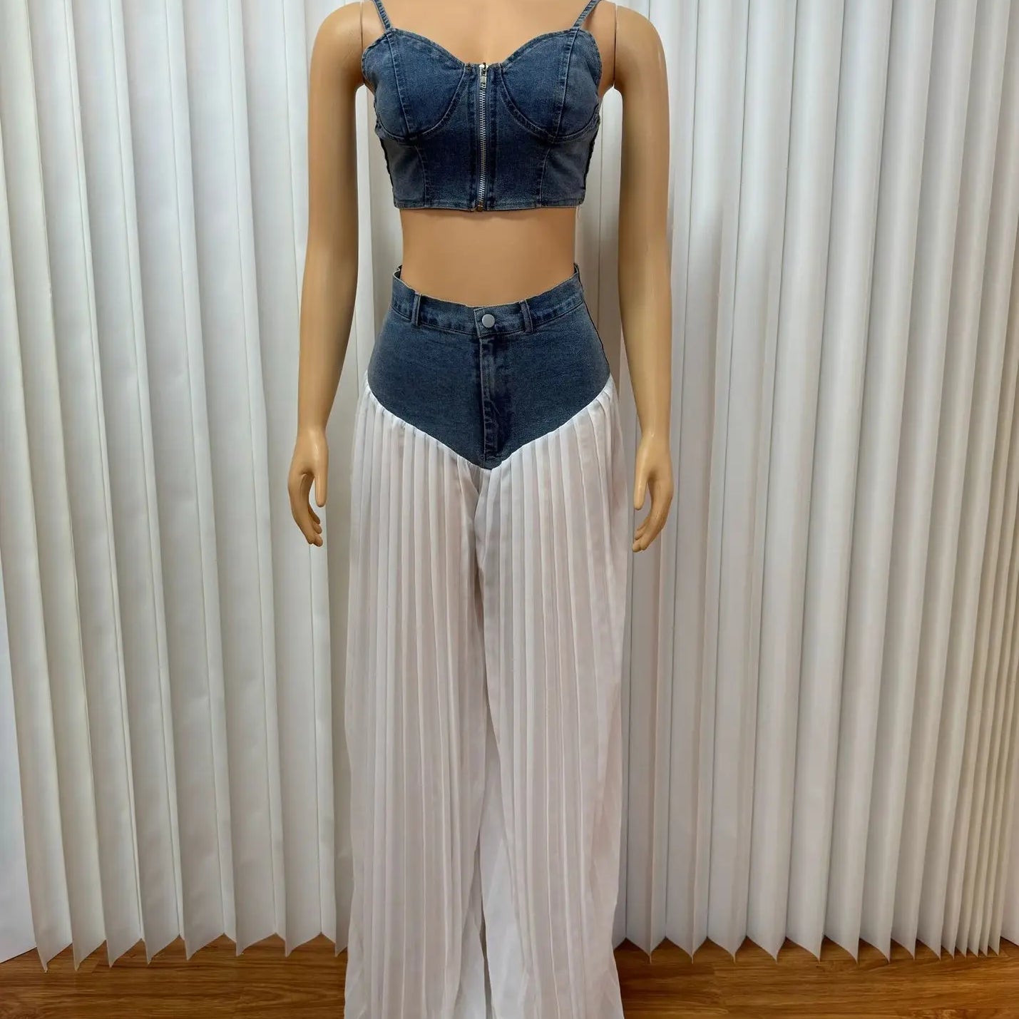 Fashion Denim Chiffon Women's Set Strapless Crop Top and Jeans Pants Suits 2025 Sexy Party Club Two 2 Piece Set Outfits