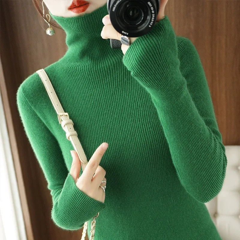 Women Sweater Winter Cashmere Turtleneck Warm Knitwear Korean Casual Solid Bottoming Shirt Fashion Knit Pullovers Brown Sweater green