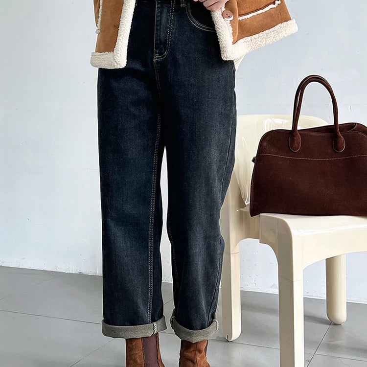 Winter Winter Thick Warm Jeans For Women Solid High Waist Straight Denim Pants Vintage Female Clothing Black