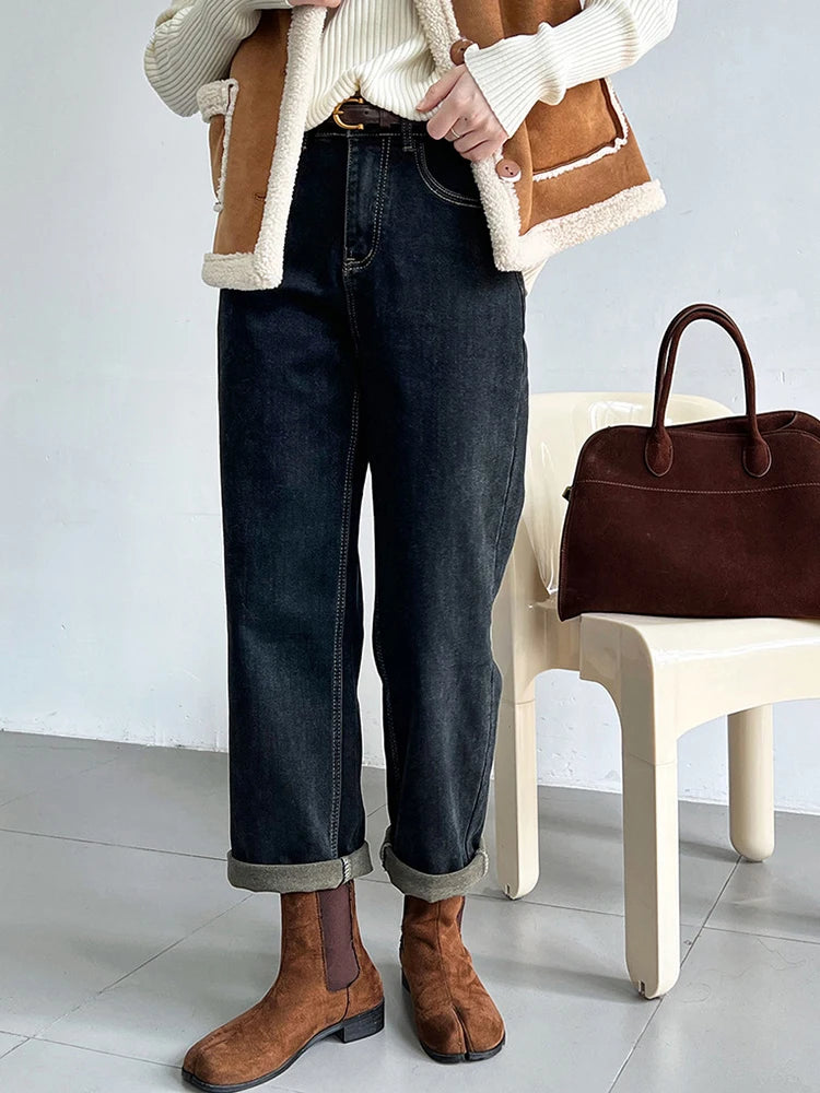 Winter Winter Thick Warm Jeans For Women Solid High Waist Straight Denim Pants Vintage Female Clothing Black