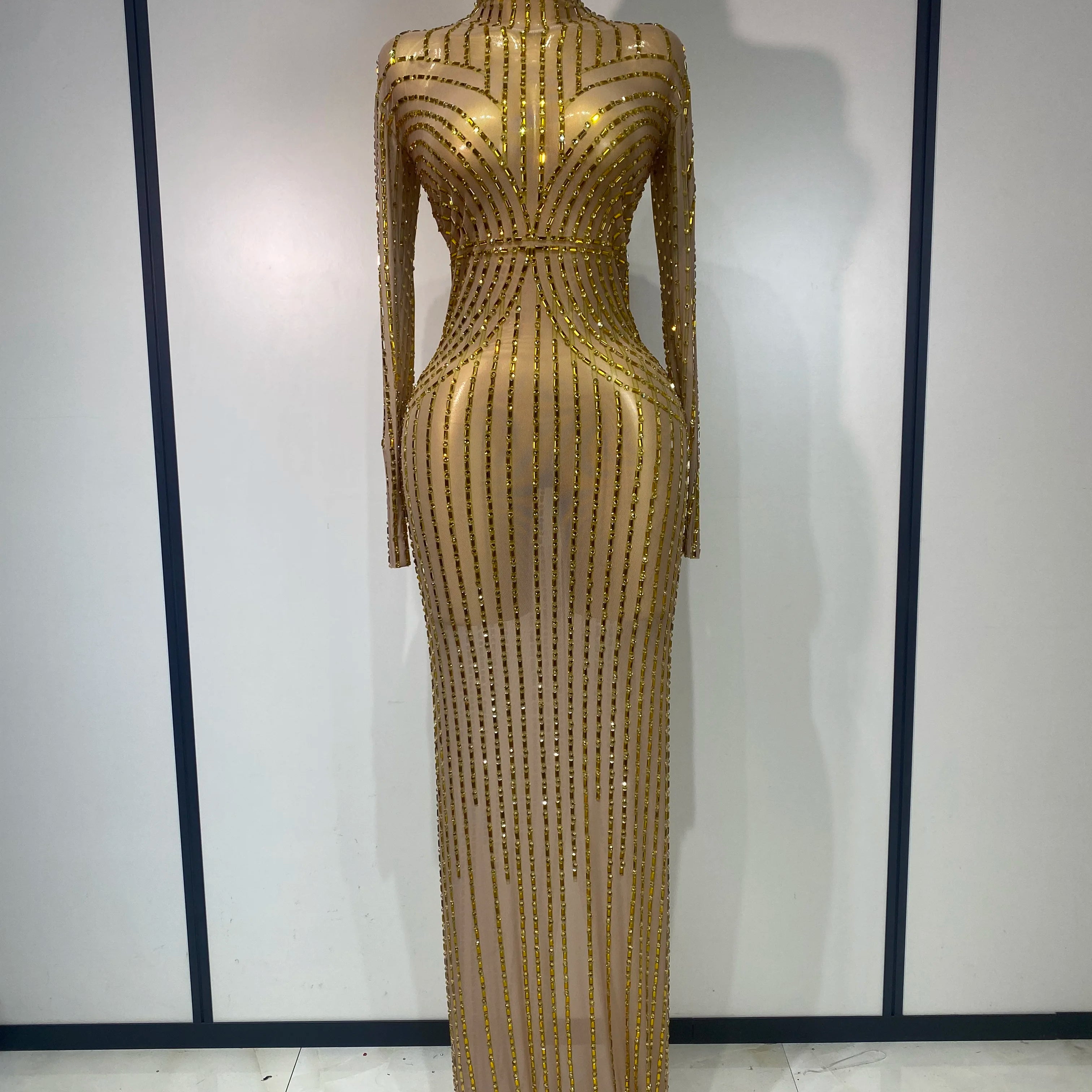 Sexy Long Sleeve Mesh See Through Gold Silver Maxi Dress Evening Party Singer Costume Stage Performance Luxury Birthday Dress Gold