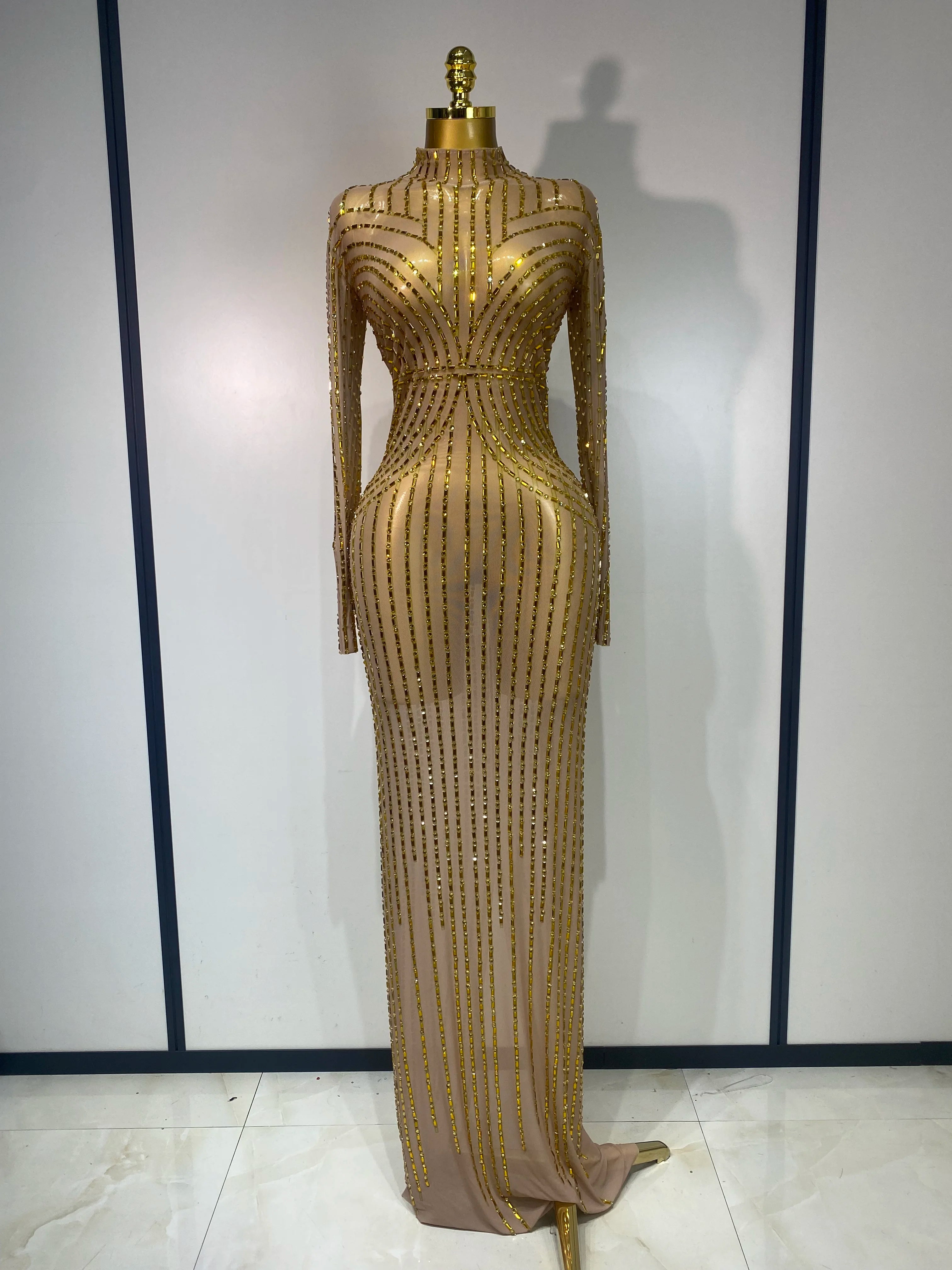 Sexy Long Sleeve Mesh See Through Gold Silver Maxi Dress Evening Party Singer Costume Stage Performance Luxury Birthday Dress Gold