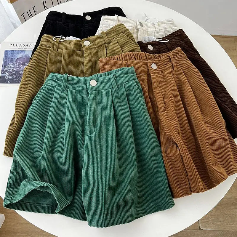 2023 Autumn/Winter Oversized Fat mm Corduroy Shorts Women's High Waist Outwear Slim A-line Casual Wide Leg Trousers