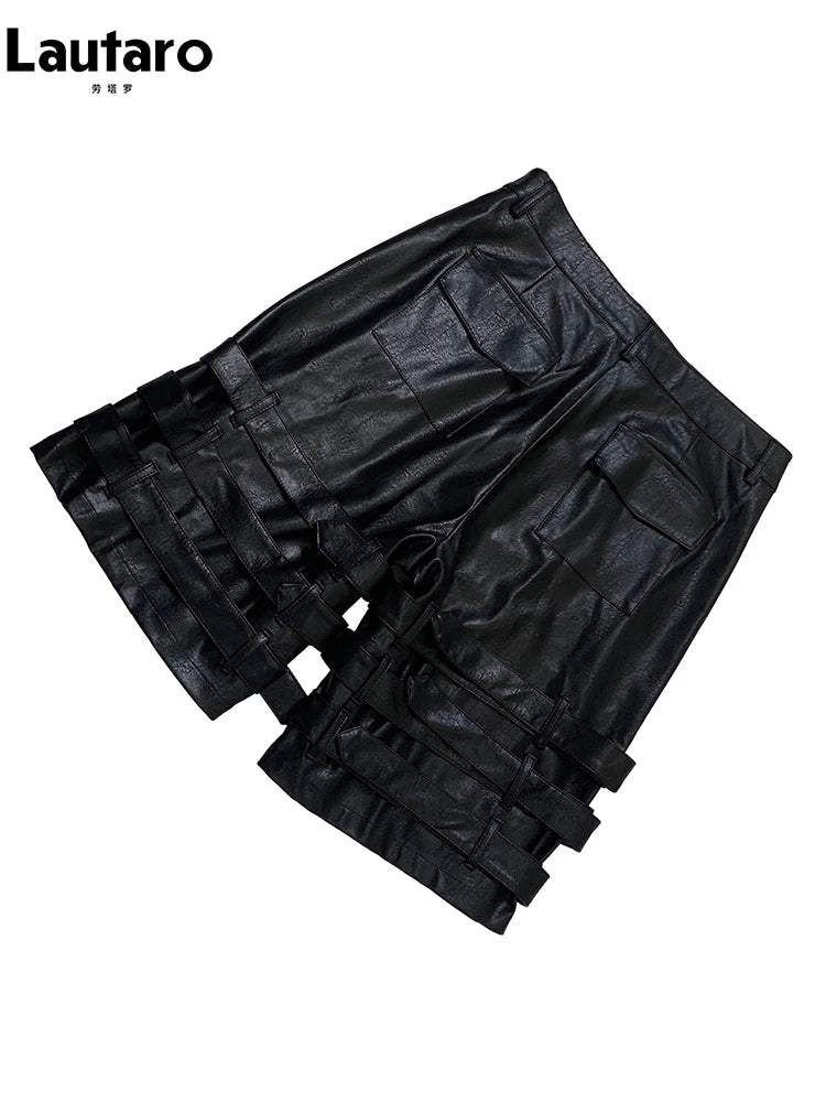 Nerazzurri Summer Autumn Black Faux Leather Shorts for Men with Many Belt Mens High Waist Short Straight Pants Emo Clothes 2025