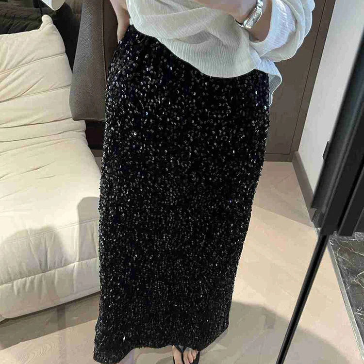 HOUZHOU Long Sequin Skirt Women Autumn Korean Elastic Waist Elegant Back Split Slim A-line Skirt with paillettes Evening Party Black