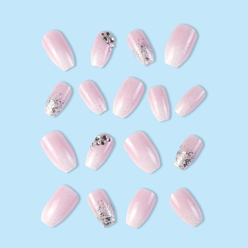Trendy Gradient Pink False Nail Tips With Designs French Coffin Fake Nails Set Press on Short Ballerina Rhinestones Manicure