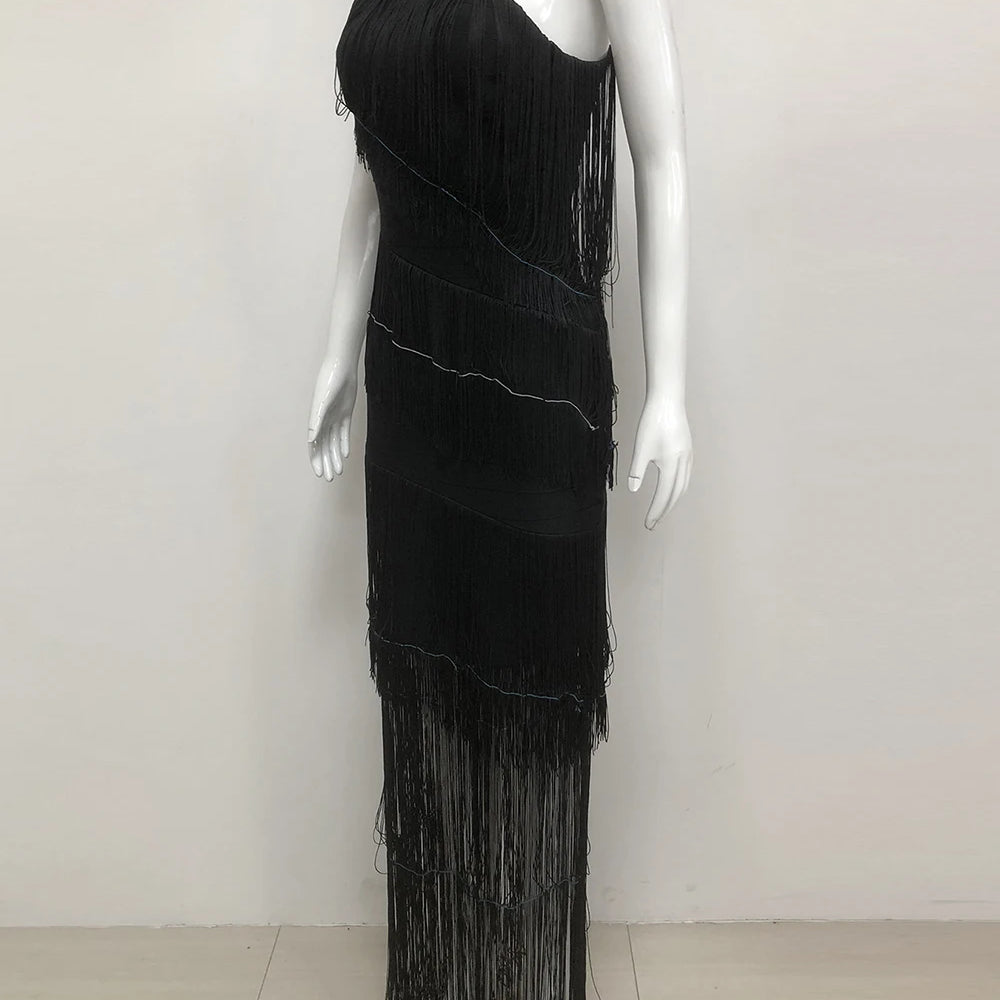 Women's One Shoulder Diagonal Collar Fringe Bandage Long Dress 2025 Summer Tassel Vacation Birthday Evening Night Club Vestidos