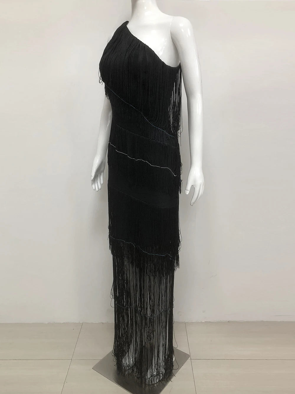 Women's One Shoulder Diagonal Collar Fringe Bandage Long Dress 2025 Summer Tassel Vacation Birthday Evening Night Club Vestidos