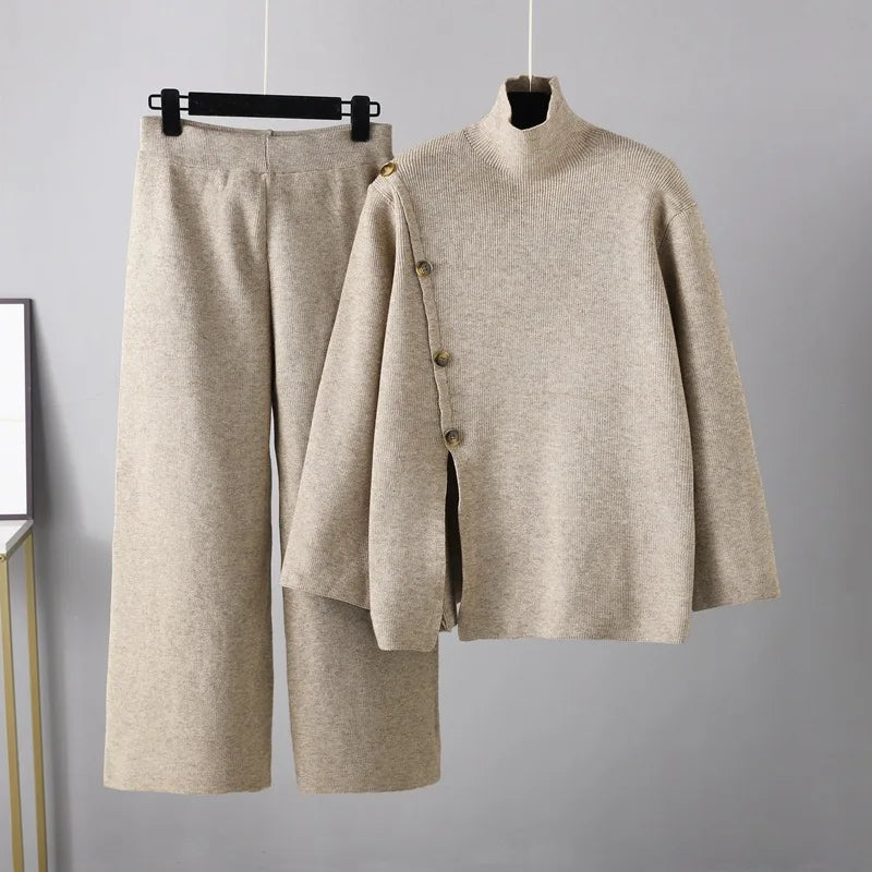 Split Knit High Neck Sweater for Women's Winter Warmth Reduction Casual Wide Leg Pants Two-piece Set Khaki One Size