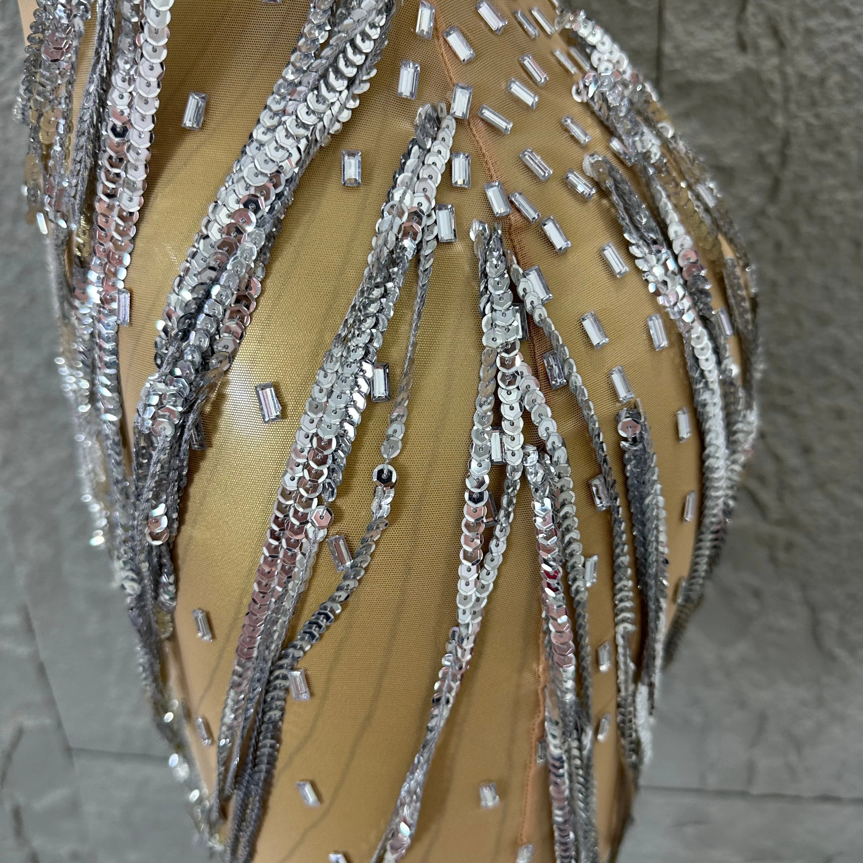 Glamorous Silver Sequined Layered Chain Mesh Dress Women Sexy High Neck Sleeveless Bodycon Stage Performance Costume