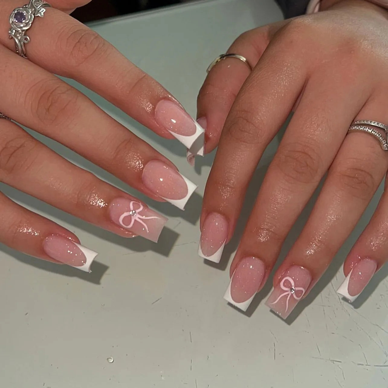 24Pcs Nude Pink French False Nails Press on Short Square Head Stick on Nails with Flower Pattern Design Wearable Fake Nail Tips 3635