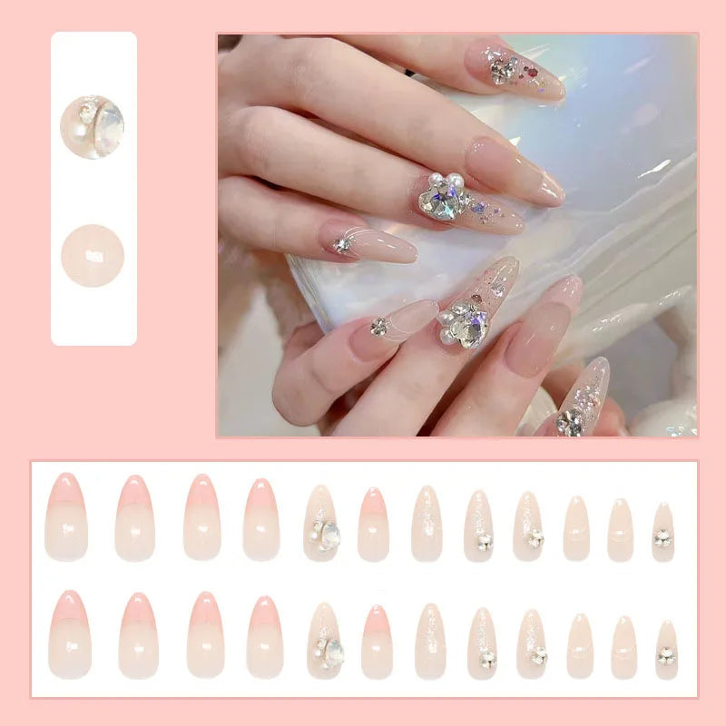 24pcs/set Short Medium fake nails for women girls gradient shiny glitters heart french Square almond tips Press on false nail 2234