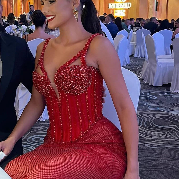 Enchanting Sparkling Red Mermaid Sequins Strappy Sleeveless Dress Party Evening Gown