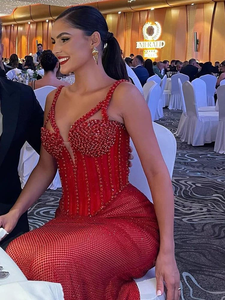 Enchanting Sparkling Red Mermaid Sequins Strappy Sleeveless Dress Party Evening Gown