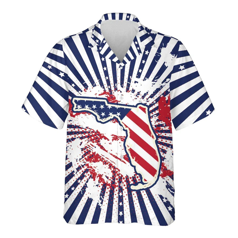 USA California Virginia Michigan Map Flag Graphic Shirts For Men Clothes America Florida Patriotic Lapel Blouse Male Shirt Tops Shirts-SZF39659