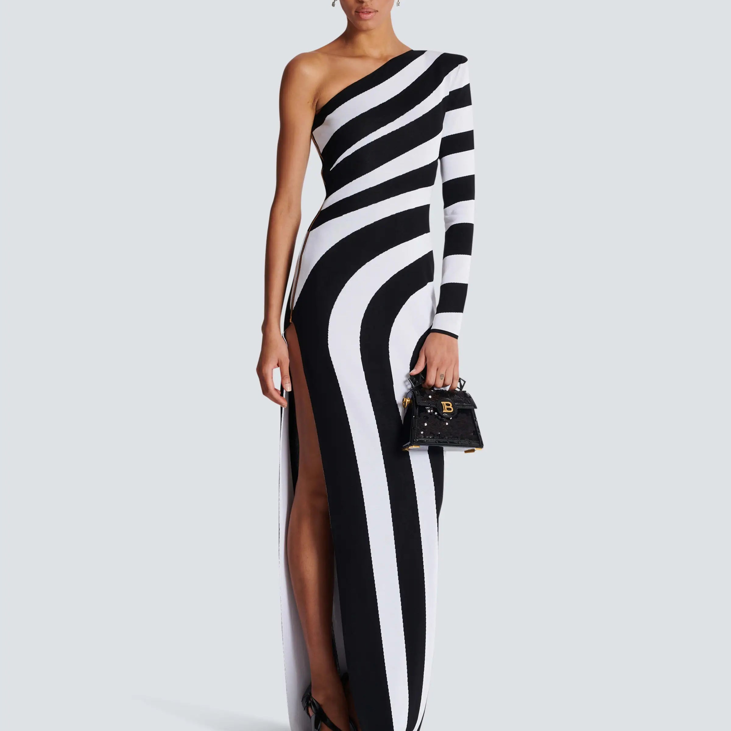 Black White Stripes Sexy High Slit One Shoulder Ankle Length Bandage Dress Fashion Woman Evening dress Celebrity Party Outfit As Picture