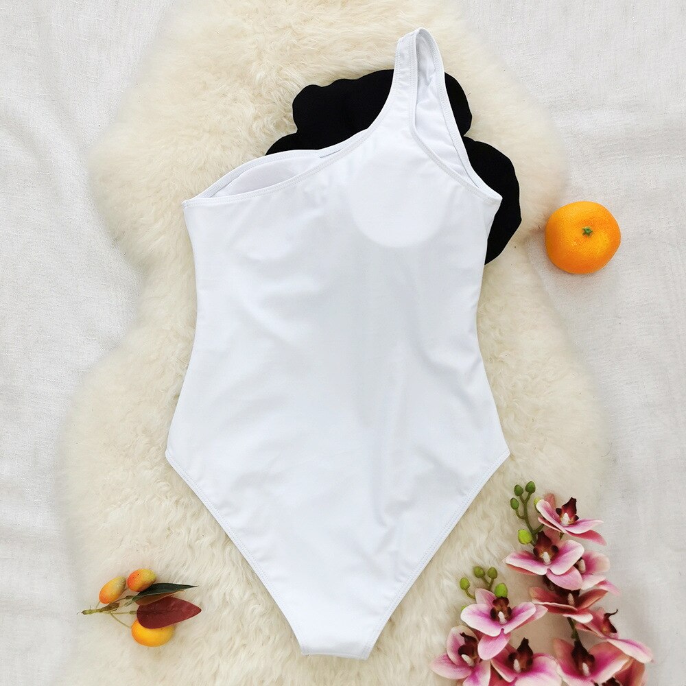 White Black Flower One Piece Swimsuit Swimwear Monokini Bodysuit White Swim Suit Bathing Suit Belt Beach Wear Summer