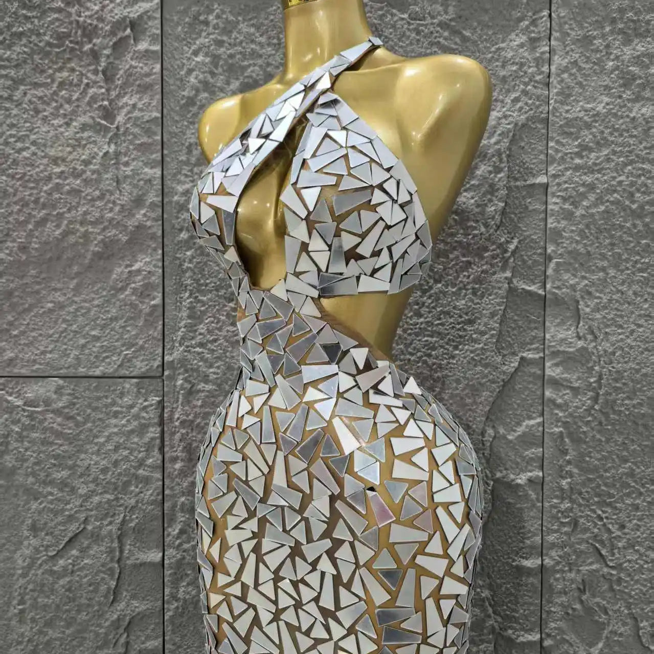 Silver Color Women Sexy One Shoulder Shinning Mirrors Bodycon Mini Dress Nightclub Party Celebrate Birthday Photo Shoot Dress