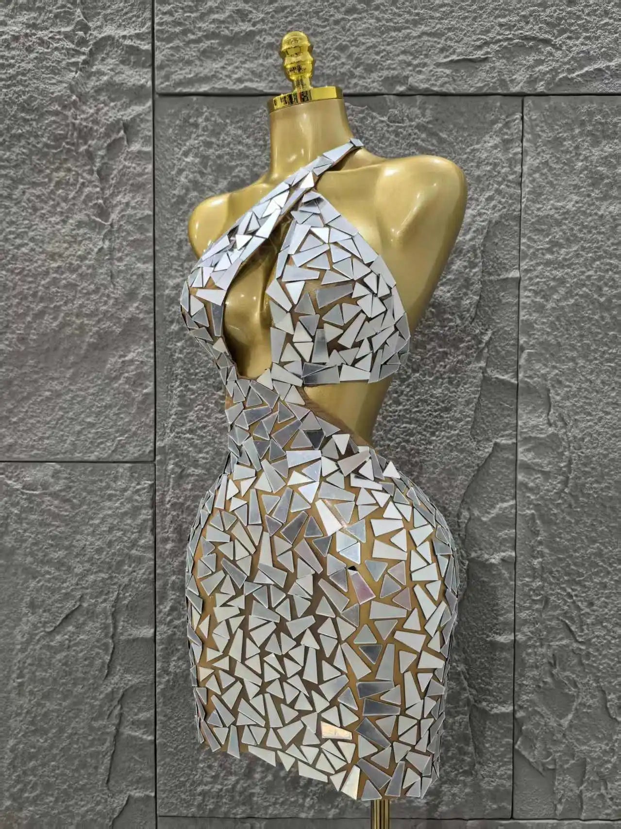 Silver Color Women Sexy One Shoulder Shinning Mirrors Bodycon Mini Dress Nightclub Party Celebrate Birthday Photo Shoot Dress