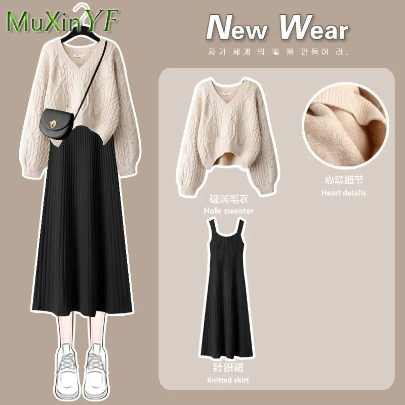 Women's 2024 Autumn Winter New Fashion V-Neck Sweater Knitted Dress Two Piece Korean Elegant Top Skirt Matching Set Female Suit