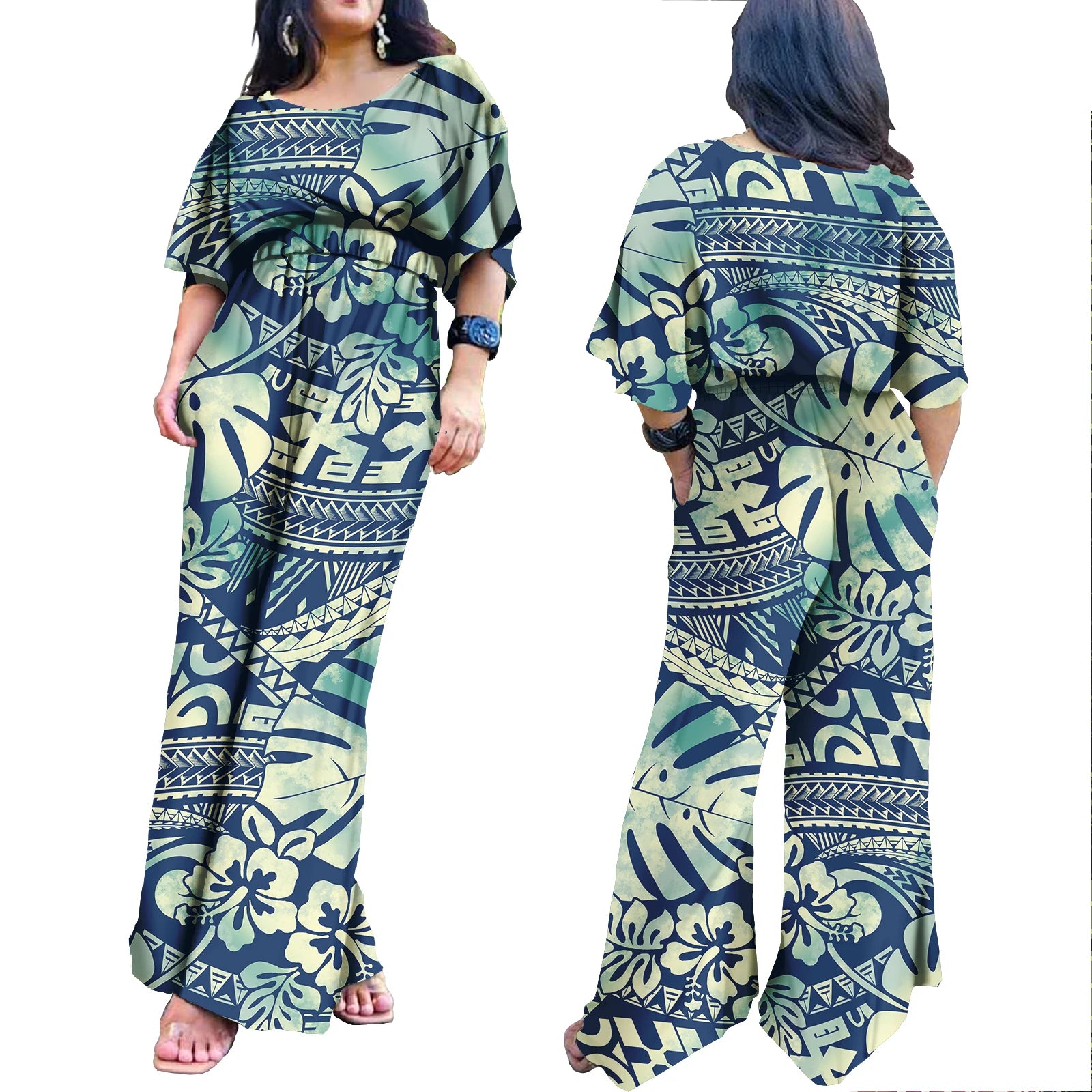 Plus Size Rompers for Women Hawaiian Zipper One Piece Jumpsuit Breathable Romper Polynesian Women Jumpsuit Playsuits 0336DD