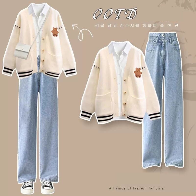 Women's Autumn Winter Loose Sweater Coat+Shirt+Jeans Three Piece 2024 New Matching Set Korean Elegant Cardigan Denim Pants Suit Set 03