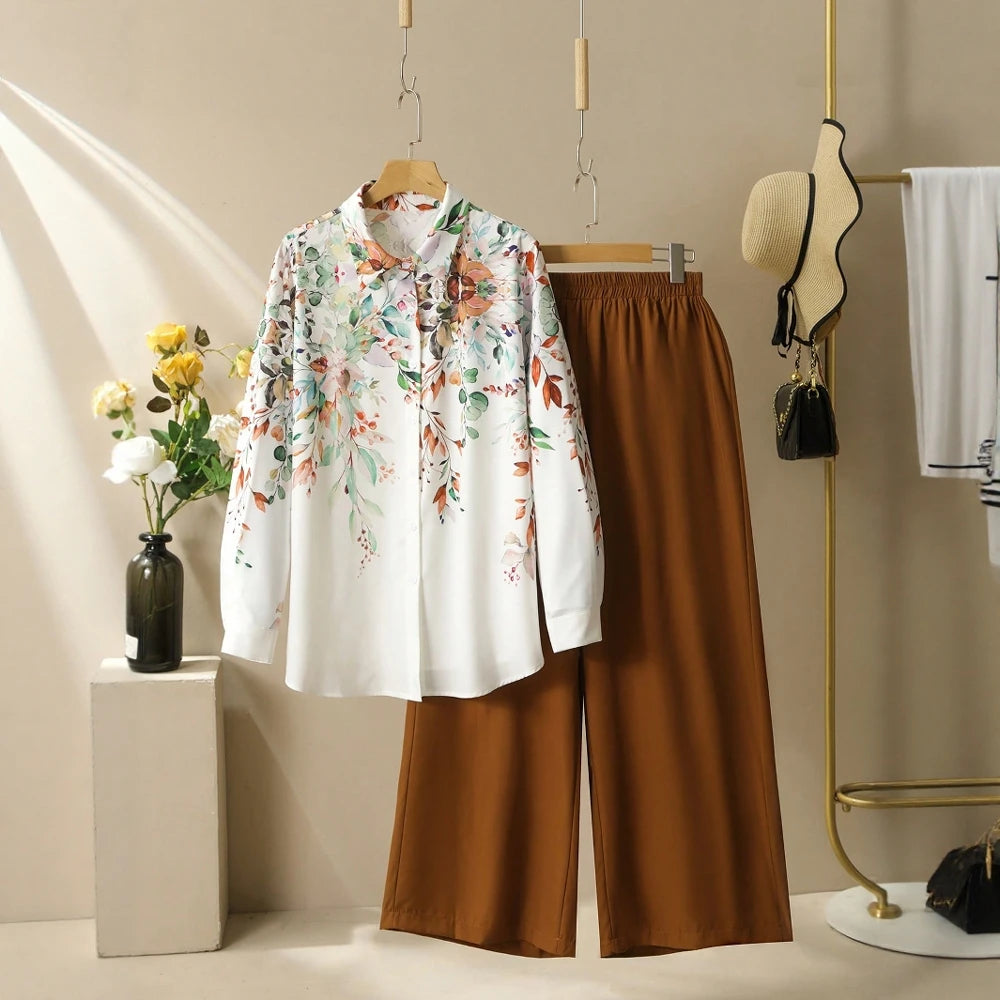 Plus Size Rafiah Women's Sets Summer Casual Decent Full Print Long Sleeve Single Breasted Natural Waist Ankle Daily Sets Caramel