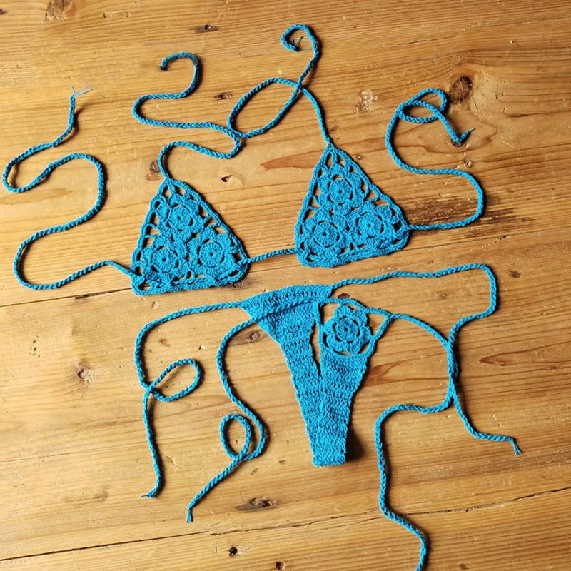 Women Sexy Handmade Bikini Sets Crochet Flower Solid Color Lace Thong String Swimwear Sunbathing Swimsuit Beach Wear Lace-up Dark Blue one size