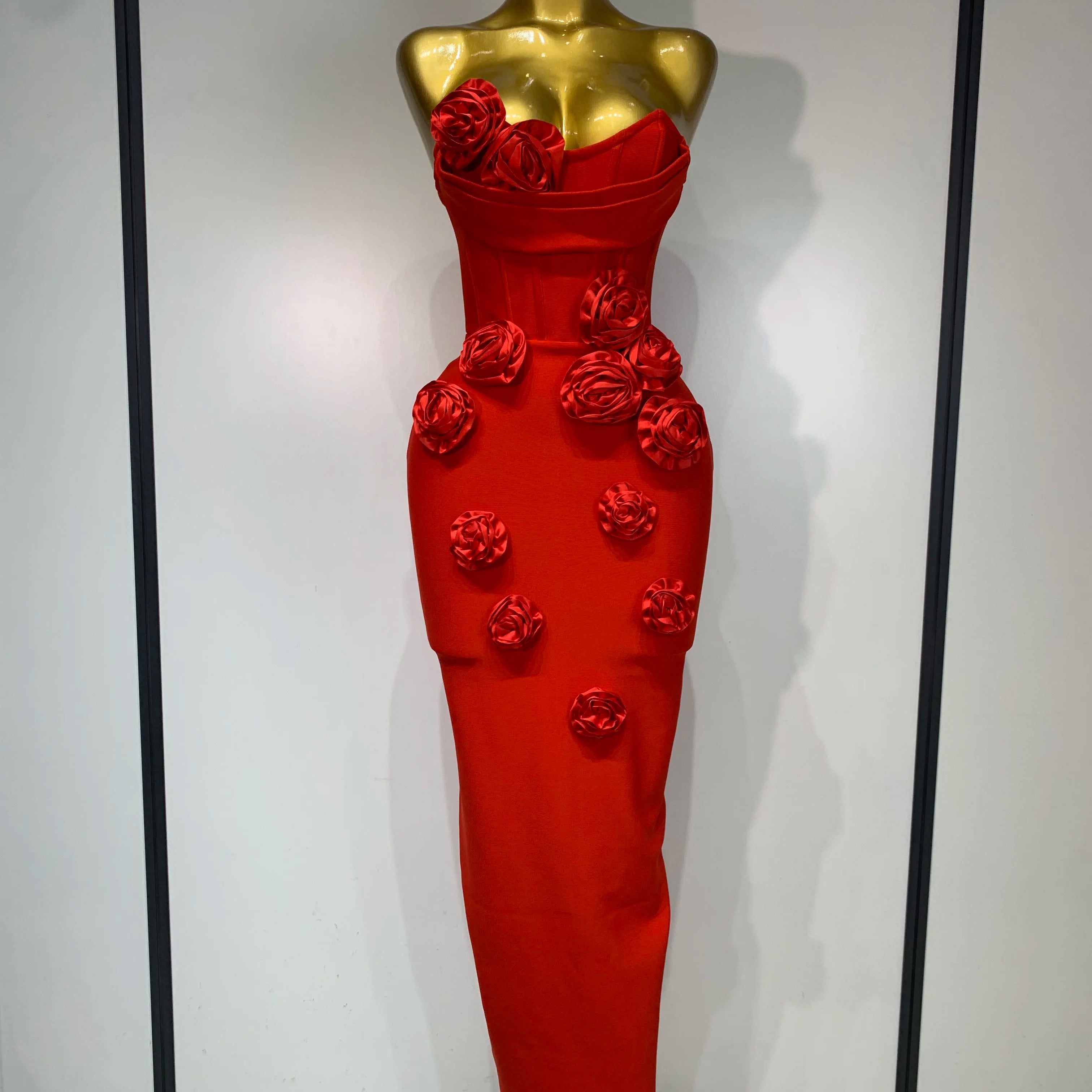 2025 Newest Women Sexy Strapless Backless Red Flower Midi Bandage Dress Celebirty Elegant Evening Club Party Birthday Dresses Red