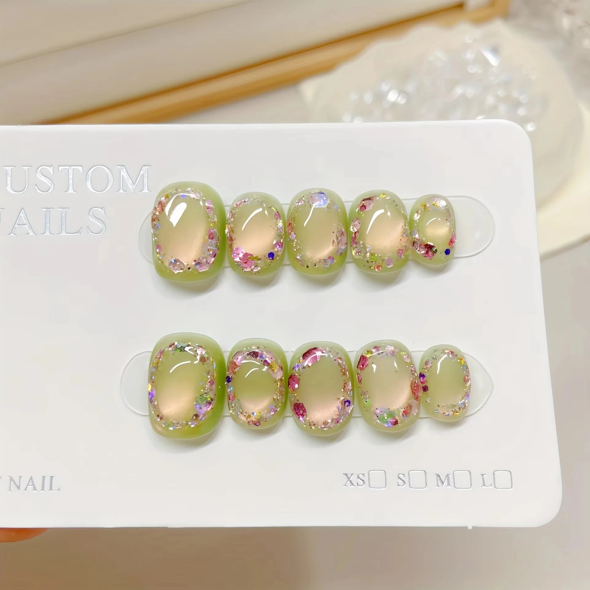 10pcs Handmade Press on Nail Ice Blue Ocean Star Ice-transparent Texture False Nail for Women&Girl Short Oval Wearable Nail