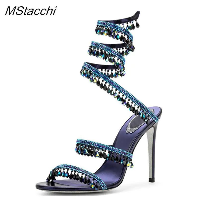 Crystal Wrap Sandals Women Summer 2024 Wedding Shoes High Heel Party Shoes Ankle Strappy Sandals Designer Stiletto Heel Shoes blue