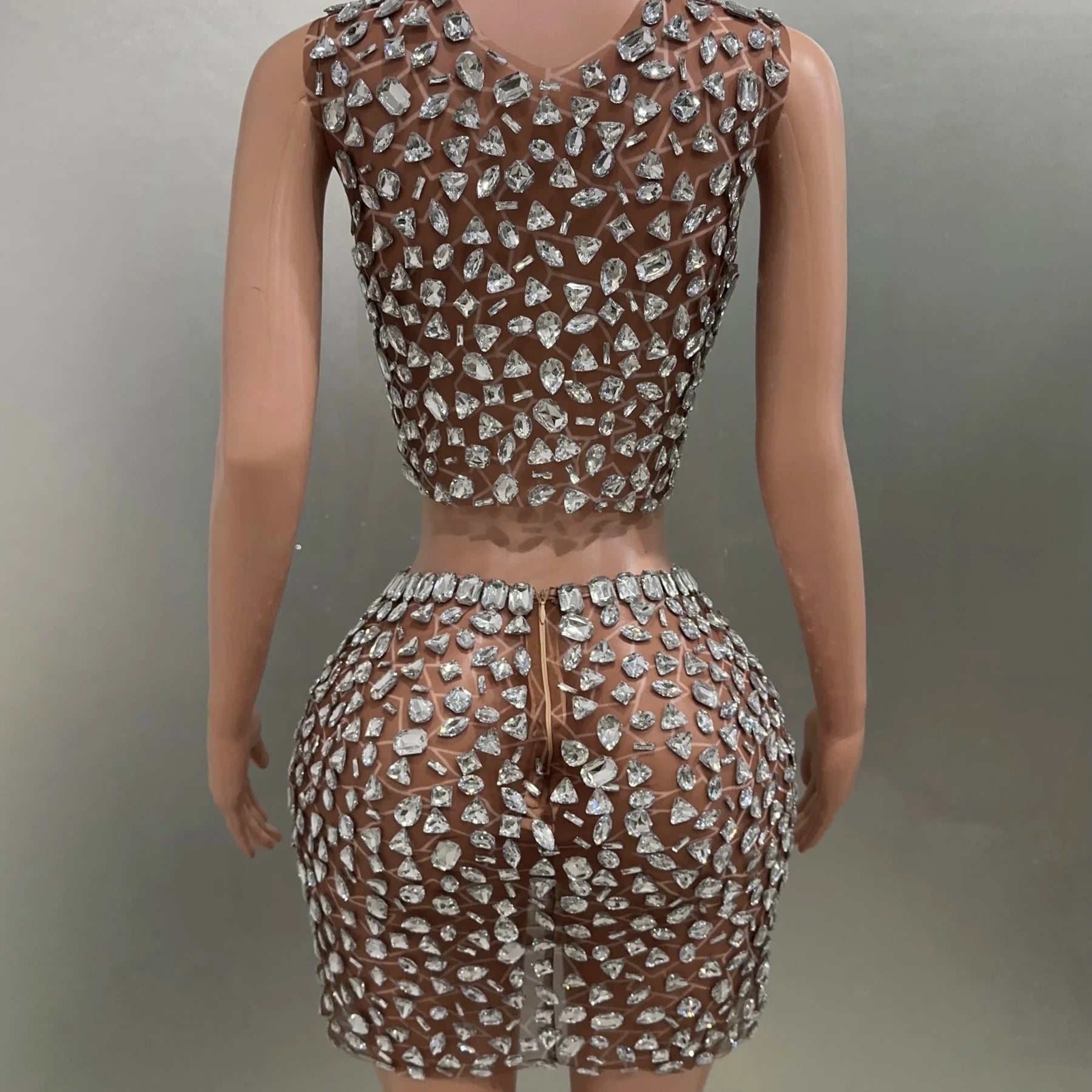 Big Crystal Women Sexy 2 Pieces Mesh See Through Mini Bodycon Dress Performance Costume Celebrate Birthday Party Dress Vestido Brown