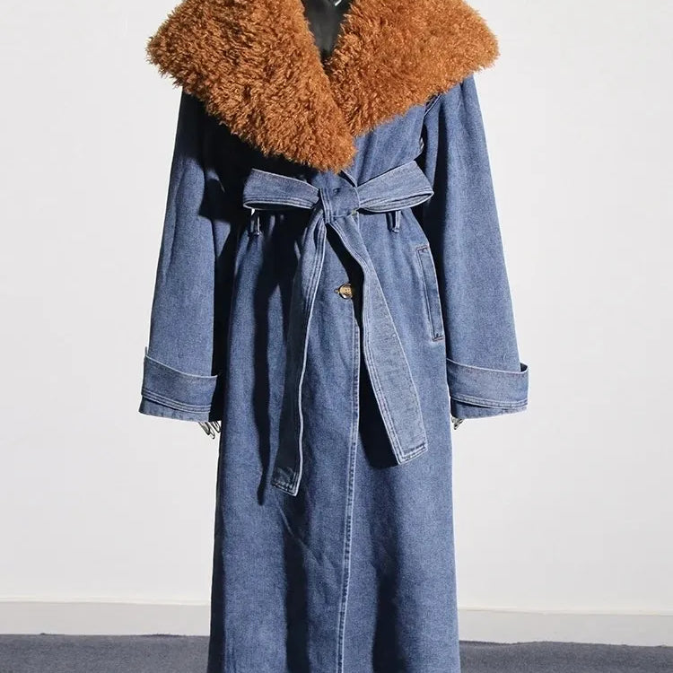 Colorblock Patchwork Lace Up Denim Coat For Women Fur Collar Long Sleeve Loose Casual Trench Female Fashion Style
