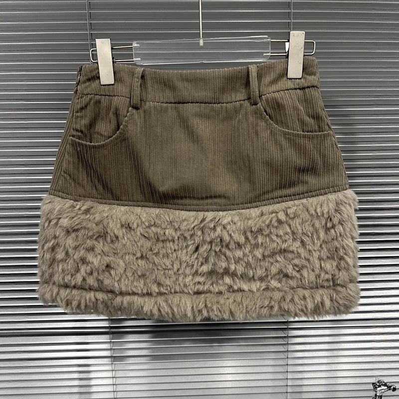 Autumn Winter New Style Corduroy Lapel Loose Fur Coat For Women Patchwork High Waist Shorts Skirt Female 11A07636 only skirt