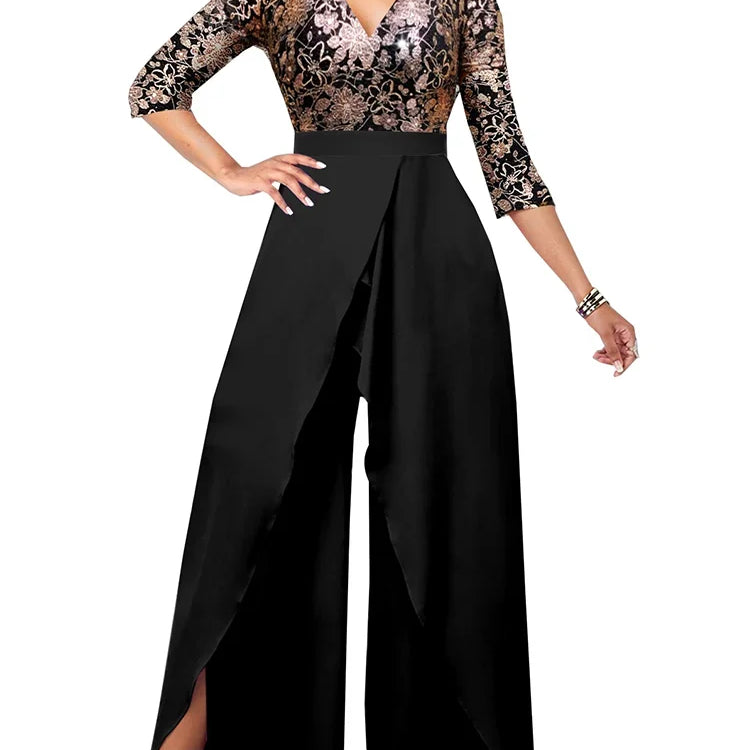 Sets Outifits 2023 New Gilded Floral V-neck Loose Fitting Jumpsuit of One Fashion Casual Pieces for Women Elegant Female